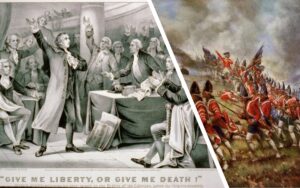 Images of Patrick Henry's speech "Give me Liberty, or Give me Death", and the Battle of Bunker Hill.