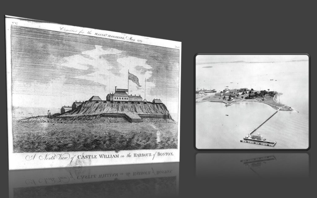 Painting of Castle William (Fort Independence), circa 1799 & Castle Island (1942), Boston Harbor