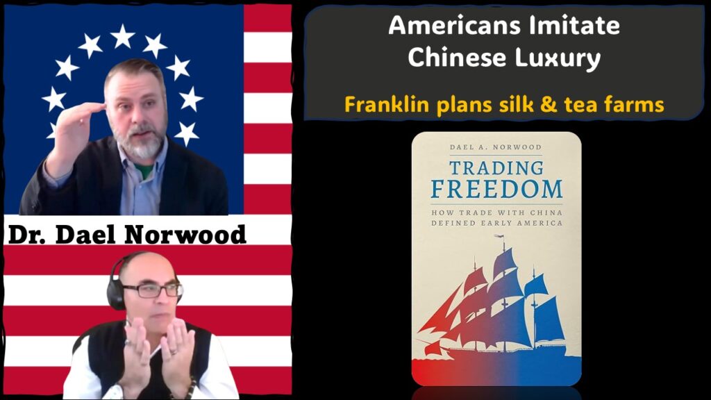 The featured image combines photos of Dr. Norwood and Adel Aali from the interview, set against the Betsy Ross flag, alongside the cover of his book, Trading Freedom: How Trade with China Defined Early America, which we discuss in this interview.