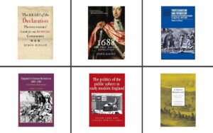 collage of books published by Dr. Steven Pincus, program guest of Analyzing American Revolution