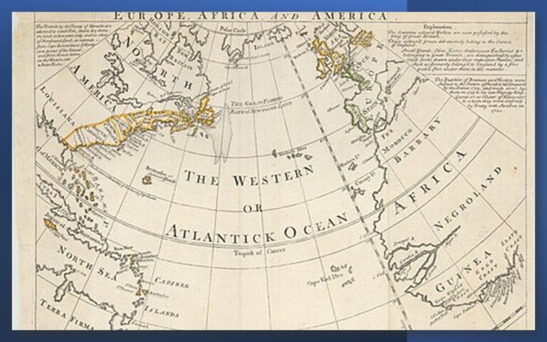 Eighteenth-century map of the Atlantic basin showing British territories in North America, the Caribbean, Europe, Africa, and listed trading posts in Asia, predating the 1763 Treaty of Paris.