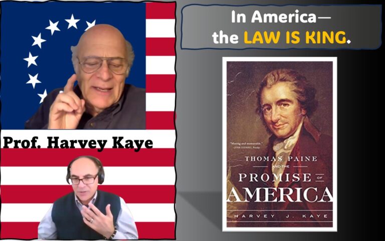 The featured image brings together images of Prof. Harvey Kaye and Adel Aali from the interview, superimposed on the Betsy Ross flag, alongside the cover image of his book Thomas Paine and the Promise of America.