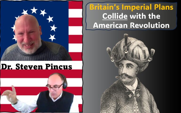 The featured image brings together images of Dr. Steven Pincus and Adel Aali from the interview, superimposed on the Betsy Ross flag, alongside the image of Hyder Ali, the background of which has been removed (Public Domain image).