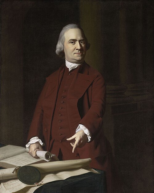 1772 portrait of Samuel Adams by John Singleton Copley, in which he is pointing at the Massachusetts Charter. 