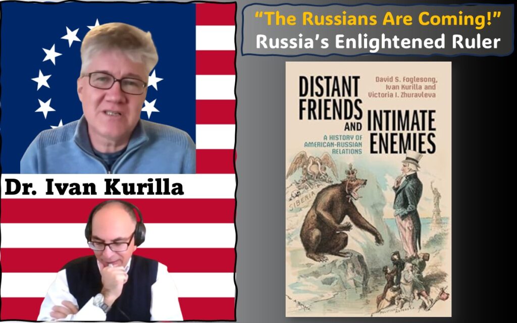 The featured image brings together images of Dr. Ivan Kurilla and Adel Aali from the interview, superimposed on the Betsy Ross flag, alongside a portrait of Dr. Kurilla's book "Distant Friends and Intimate Enemies"