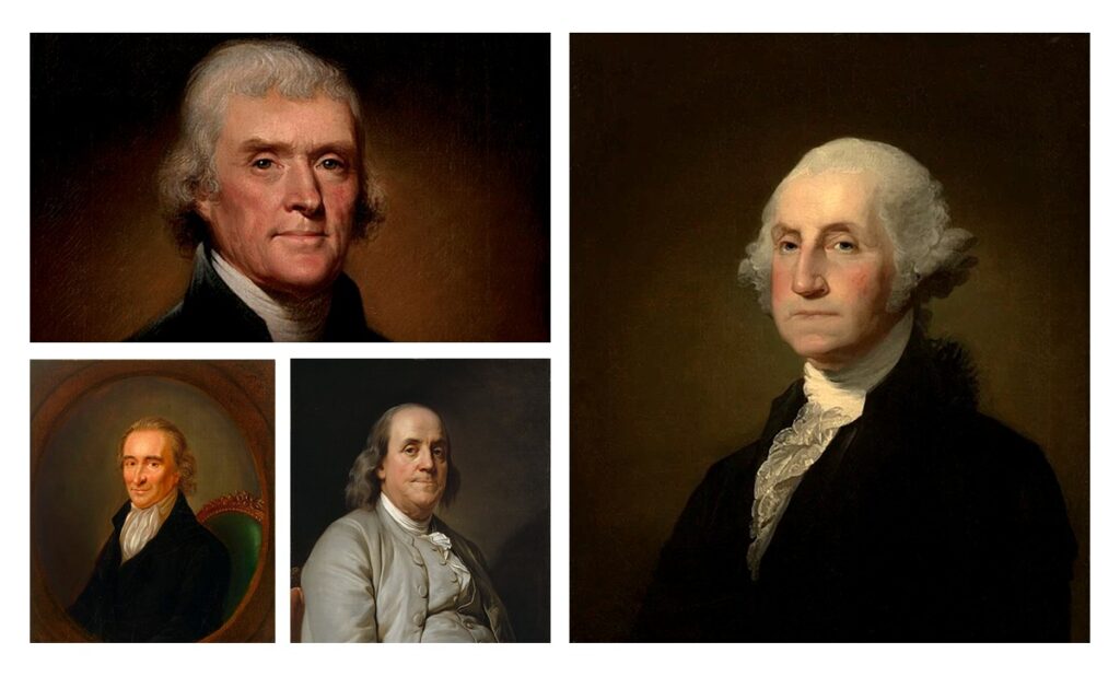 Image of four American founders, clockwise from top: Thomas Jefferson, George Washington, Benjamin Franklin, and Thomas Paine.