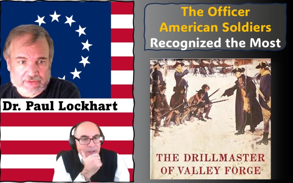 The featured image brings together images of Dr. Paul Lockhart and Adel Aali from the interview, superimposed on the Betsy Ross flag, alongside the cropped image of Dr. Lockhart’s book, "The Drillmaster of Valley Forge: The Baron de Steuben and the Making of the American Army".