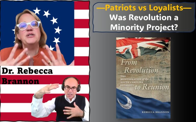 This image brings together images of Dr. Rebecca Brennan and Adel Aali from the interview, superimposed on the Betsy Ross flag, alongside the image of Dr. Brennan’s book, "From Revolution to Reunion: The Reintegration of the South Carolina Loyalists".