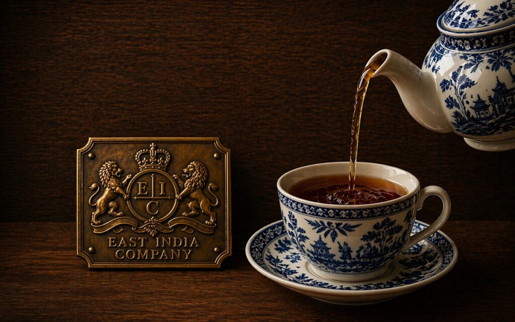 Teapot pouring tea into a porcelain teacup beside a brass East India Company plaque on a wooden surface. Visit AARevulotion.net for more images and interviews of scholars of the American Revolution with host Adel Aali.