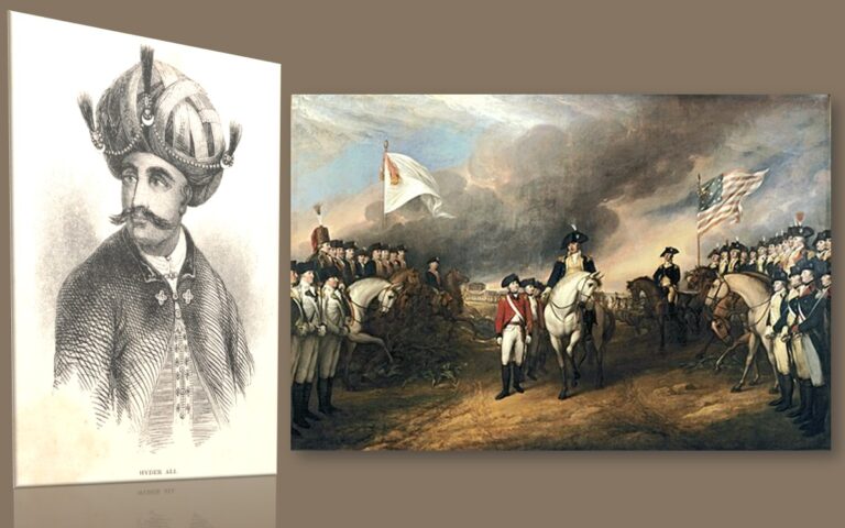 The featured image brings together images of Hyder Ali and Surrender of Lord Cornwallis, a painting by John Trumbull. See more Revolutionary images in AARevolution.net