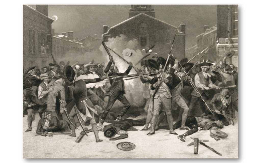 The featured image depicts the Boston Massacre, showing people in Boston and British soldiers intermingled during the shooting—unlike Paul Revere’s famous 1770 engraving, which portrays them as clearly separated by thick plumes of gunshot smoke. Alonzo Chappel’s 1878 depiction is generally considered more historically accurate. In our program, we examine the purpose and propaganda motivations behind Revere’s engraving in conversation with Dr. Serena Zabin, linked below.