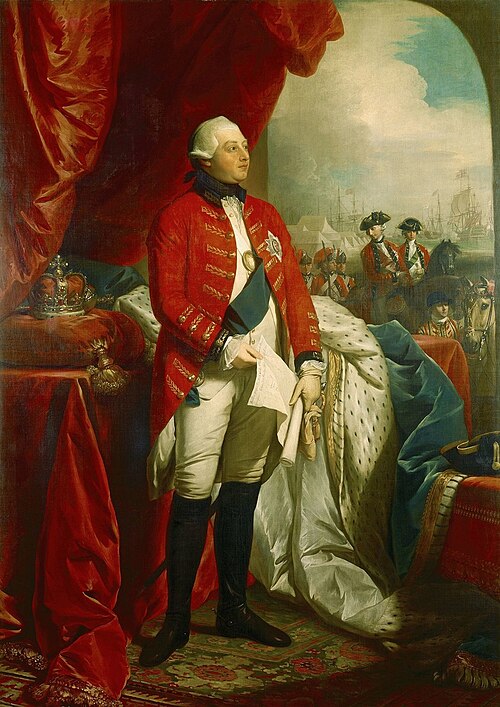 George III in 1779, with symbols of rule, scenes of the Royal Navy and British Army at war, by Benjamin West. Visit AARevulotion.net for more images and interviews of scholars of the American Revolution with host Adel Aali. 