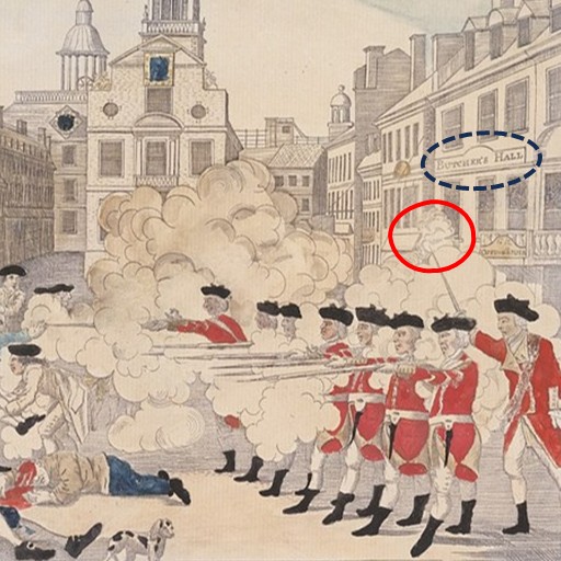 Paul Revere's depiction of the Boston Massacre. Enlarged and edited to emphasize Custom House Visit AARevolution.net for more images and for interviews of scholars of the American Revolution with host Adel Aali. 