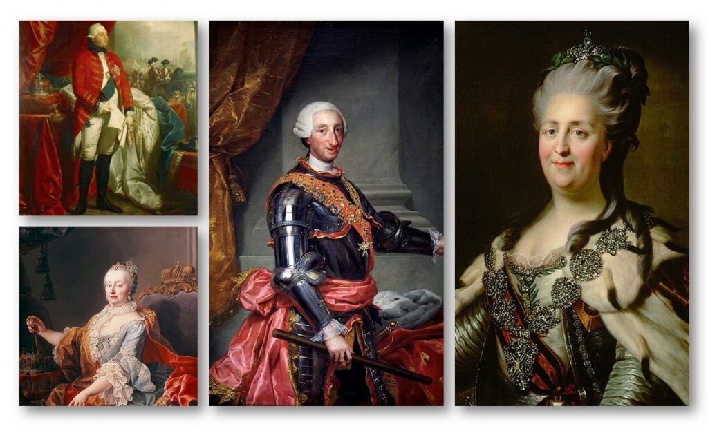 Images in this collages - clockwise from bottom left: Empress Maria Theresa, King George III, King Carlos III, Empress Catherine II. Visit AARevulotion.net for more images and interviews of scholars of the American Revolution with host Adel Aali.