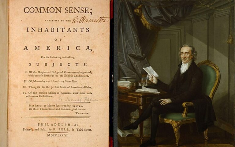Image of Thomas Paine and his 47-page pamphlet "Common Sense". Visit AARevolution.net for more images of the American Revolution and for interviews of scholars with Adel Aali.