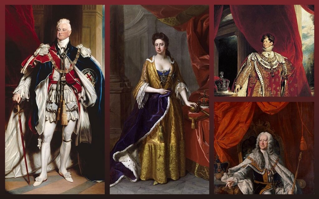 Images in this collages - clockwise from left: William IV, Queen Anne, George IV, and George II. Visit AARevulotion.net for more images and interviews of scholars of the American Revolution with host Adel Aali.