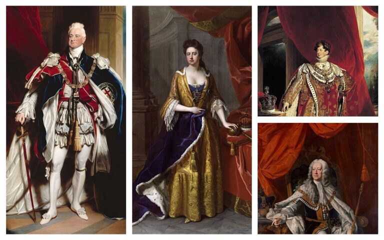 Images in this collages - clockwise from left: William IV, Queen Anne, George IV, and George II. Visit AARevulotion.net for more images and interviews of scholars of the American Revolution with host Adel Aali.