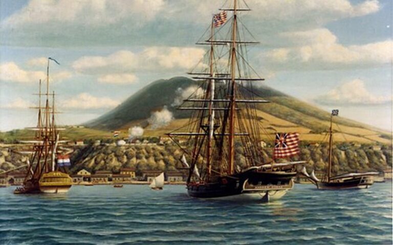 Painting of the first salute to America. Continental Navy brig was saluted by the Dutch in the island of St. Eustatius on November 16, 1776. Public domain image. Visit AARevulotion.net for more images and interviews of scholars of the American Revolution with host Adel Aali.