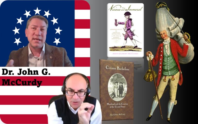 Image of Adel Aali (program host) and his guest, Prof. Joel Richard Paul, superimposed on the Betsy Ross flag, along with images of a man dressed as a macaroni with huge wig topped by a small tricorn hat, and carrying a tasseled cane and sword. This image is a satire of fashion in the 18th century, and the man is also referred to as a "fop". Also in this image are covers of two books by Dr. John G. McCurdy, our program guest: "Vicious and Immoral: Homosexuality, the American Revolution, and the Trials of Robert Newburgh", and "Citizen Bachelors: Manhood and the Creation of the United States". All images in public domain. Visit AARevolution.net for more images of the American Revolution and for interviews of scholars with Adel Aali.