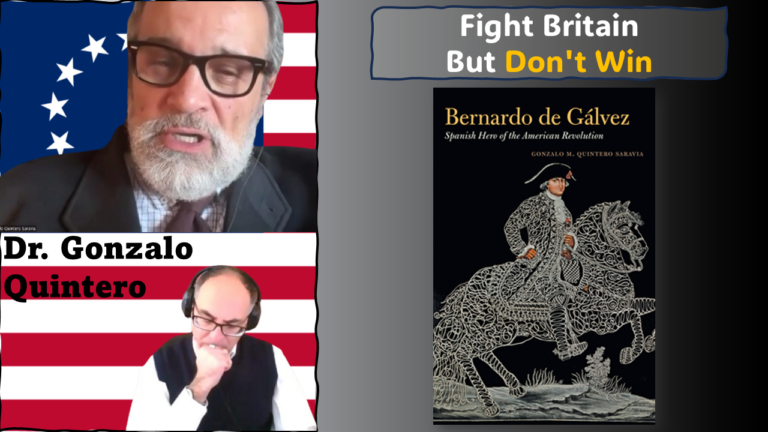 Image of Adel Aali (program host) and his guest, Dr. Gonzalo Quintero, superimposed on the Betsy Ross flag, along with the cover image of Dr. Quintero's book "Bernardo de Gálvez: Spanish Hero of the American Revolution". Visit AARevolution.net for more images of the American Revolution and for interviews of scholars with Adel Aali.