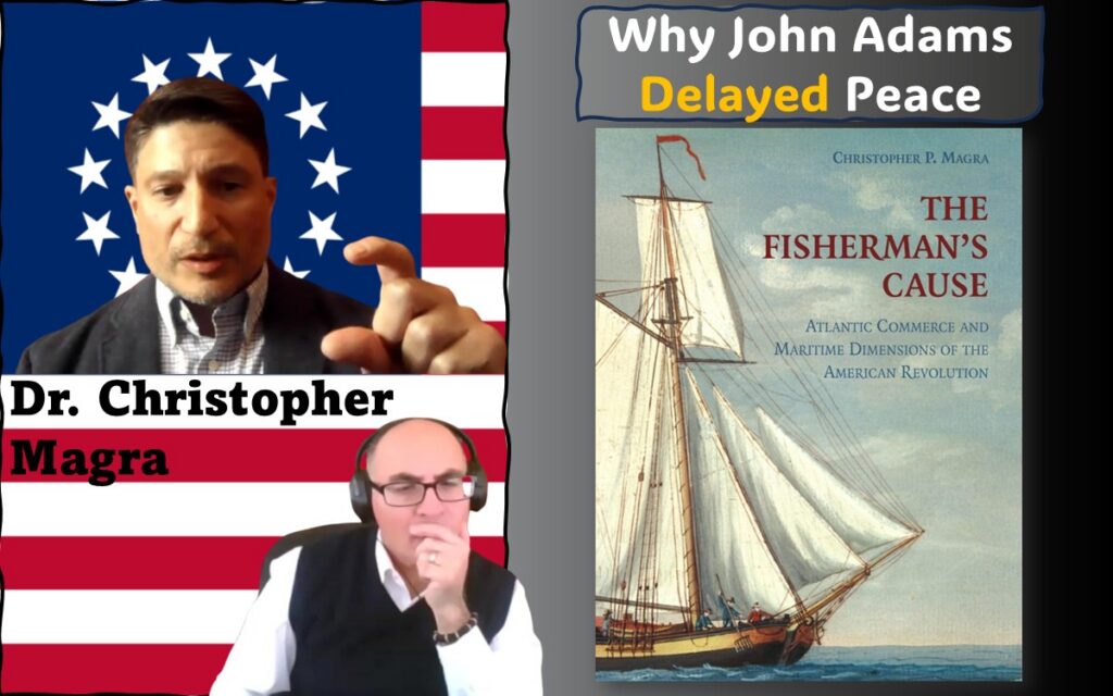 Image of Adel Aali (program host) and his guest, Dr. Christopher Magra, superimposed on the Betsy Ross flag, along with the cover image of Dr. Magra's book "The Fisherman’s Cause: Atlantic Commerce and Maritime Dimensions of the American Revolution". Visit AARevolution.net for more images of the American Revolution and for interviews of scholars with Adel Aali.