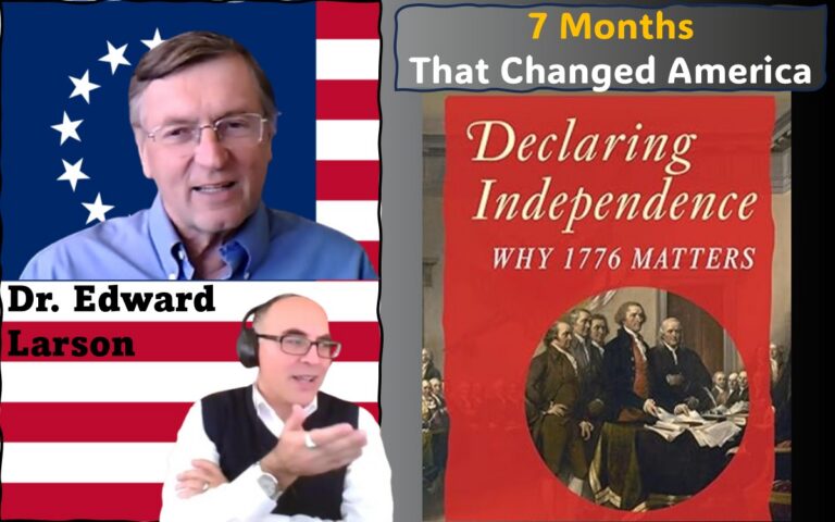 Image of Adel Aali (program host) and his guest, Dr. Edward Larson, superimposed on the Betsy Ross flag, along with the cover image of Dr. Larson's recent book "Declaring Independence: Why 1776 Matters". Visit AARevolution.net for more images of the American Revolution and for interviews of scholars with Adel Aali.