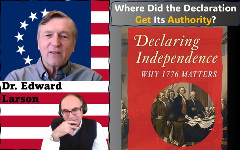 Image of Adel Aali (program host) and his guest, Dr. Edward Larson, superimposed on the Betsy Ross flag, along with the cover image of Dr. Larson's recent book "Declaring Independence: Why 1776 Matters". Visit AARevolution.net for more images of the American Revolution and for interviews of scholars with Adel Aali.