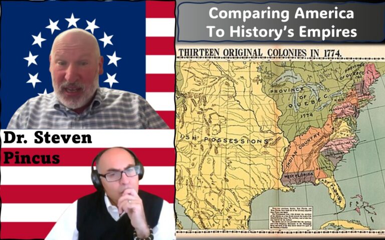 Image of Adel Aali (program host) and his guest, Dr. Steven Pincus, superimposed on the Betsy Ross flag, along with an 18th century map of the 13 original American colonies. Visit AARevolution.net for more images of the American Revolution and for interviews of scholars with Adel Aali.