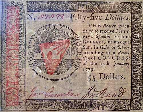 A fifty-five dollar Continental issued in 1779. By Beyond My Ken, provided under CC BY-SA 3.0 license. Visit AARevolution.net for more images of the American Revolution and for interviews of scholars with Adel Aali.