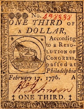 Continental One Third Dollar Note (obverse). Visit AARevolution.net for more images of the American Revolution and for interviews of scholars with Adel Aali.