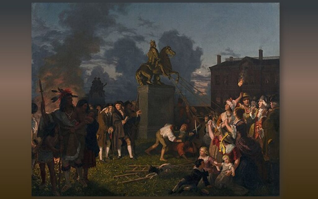 Painting depicts pulling Down the Statue of King George III, N.Y.C. Visit AARevolution.net for more images of the American Revolution and for interviews of scholars with Adel Aali.