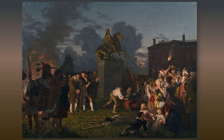Painting depicts pulling Down the Statue of King George III, N.Y.C. Visit AARevolution.net for more images of the American Revolution and for interviews of scholars with Adel Aali.