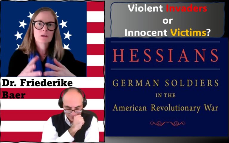 Image of Adel Aali (program host) and his guest, Dr. Friederike Baer, superimposed on the Betsy Ross flag, along with a cropped image of "Hessians: German Soldiers in the American Revolutionary War", Dr. Baer's book that is the basis of this interview. Visit AARevolution.net for more images of the American Revolution and for interviews of scholars with Adel Aali.